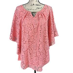 Simply Emma Lace Overlay Top Women Size 3X Salmon Pink Tank Lined Poncho Blouse